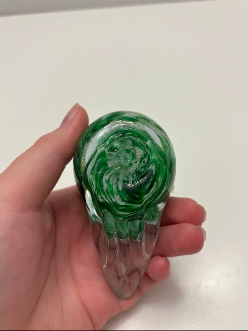 vintage handblown art glass bird figurine clear head and tail and marble green